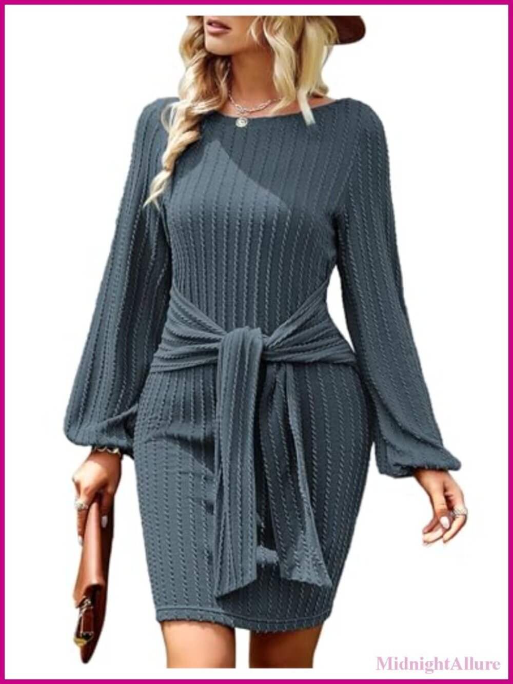 Rib Knit Bodycon Dress Long Sleeve Crewneck Tie Waist Knee Length